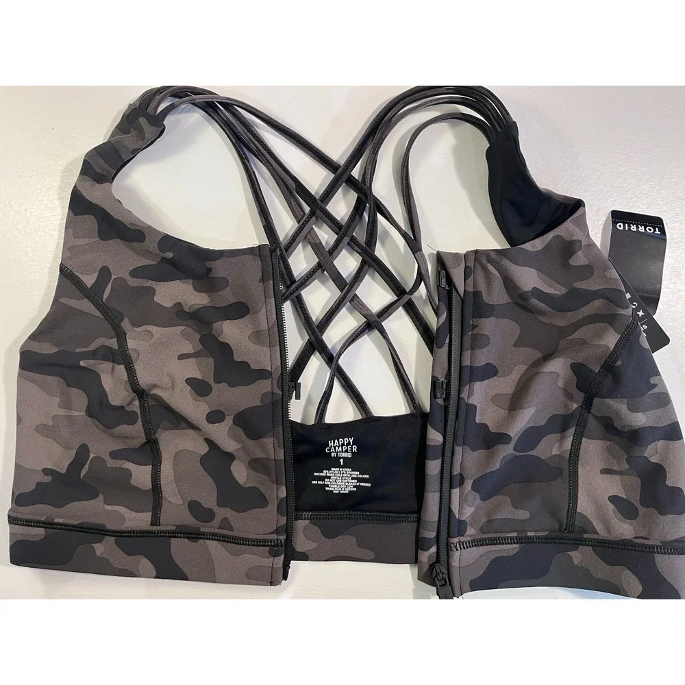 NWT Torrid Happy Camper Camo Zip Front Sports Bra 1X 14/16 Strappy Back Plus